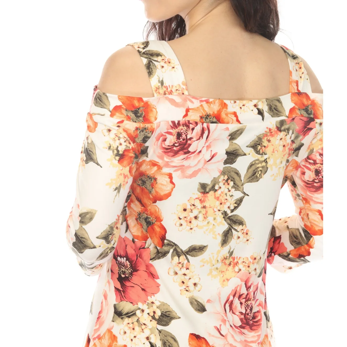 Women's Cold Shoulder 3/4 Sleeve Dress - Ivory Orange