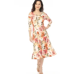 Women's Cold Shoulder 3/4 Sleeve Dress - Ivory Orange