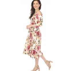 Women's Cold Shoulder 3/4 Sleeve Dress - Ivory Mauve
