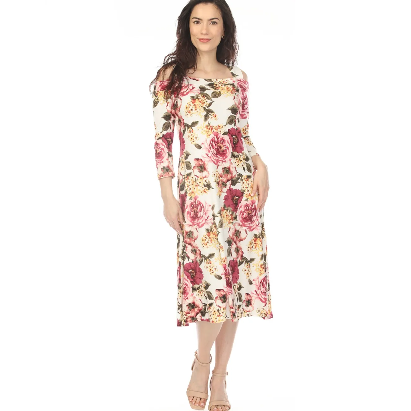 Women's Cold Shoulder 3/4 Sleeve Dress - Ivory Mauve