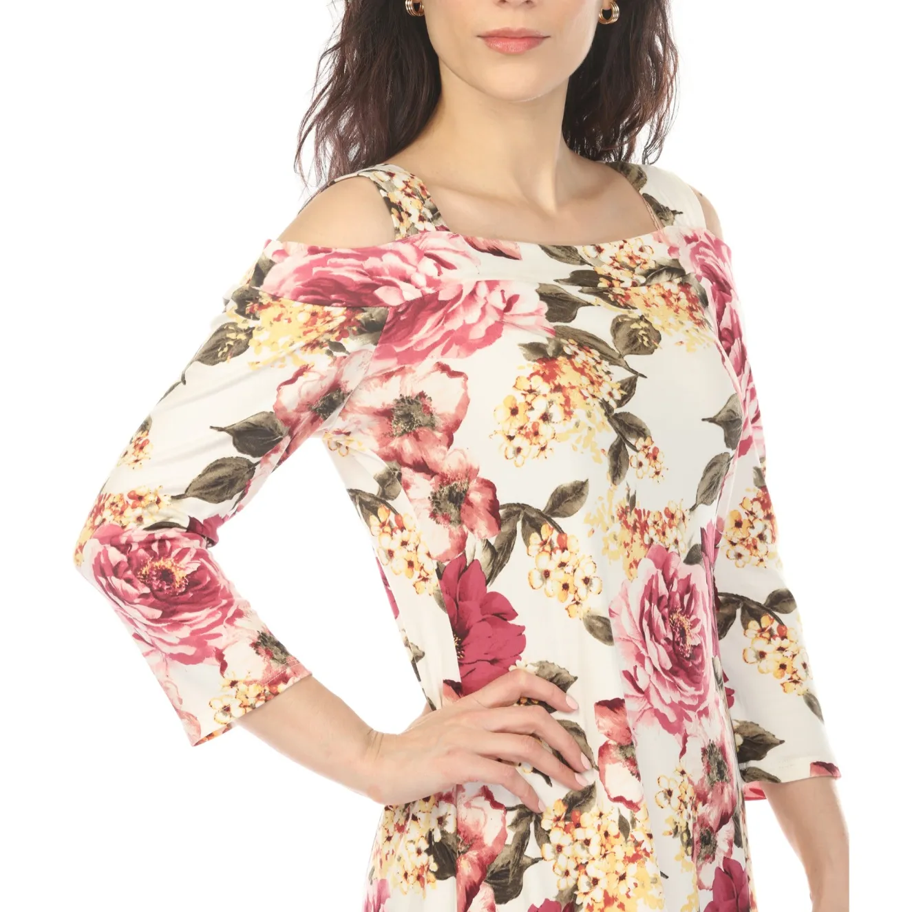Women's Cold Shoulder 3/4 Sleeve Dress - Ivory Mauve