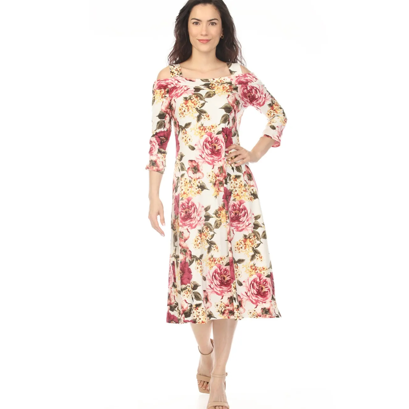 Women's Cold Shoulder 3/4 Sleeve Dress - Ivory Mauve