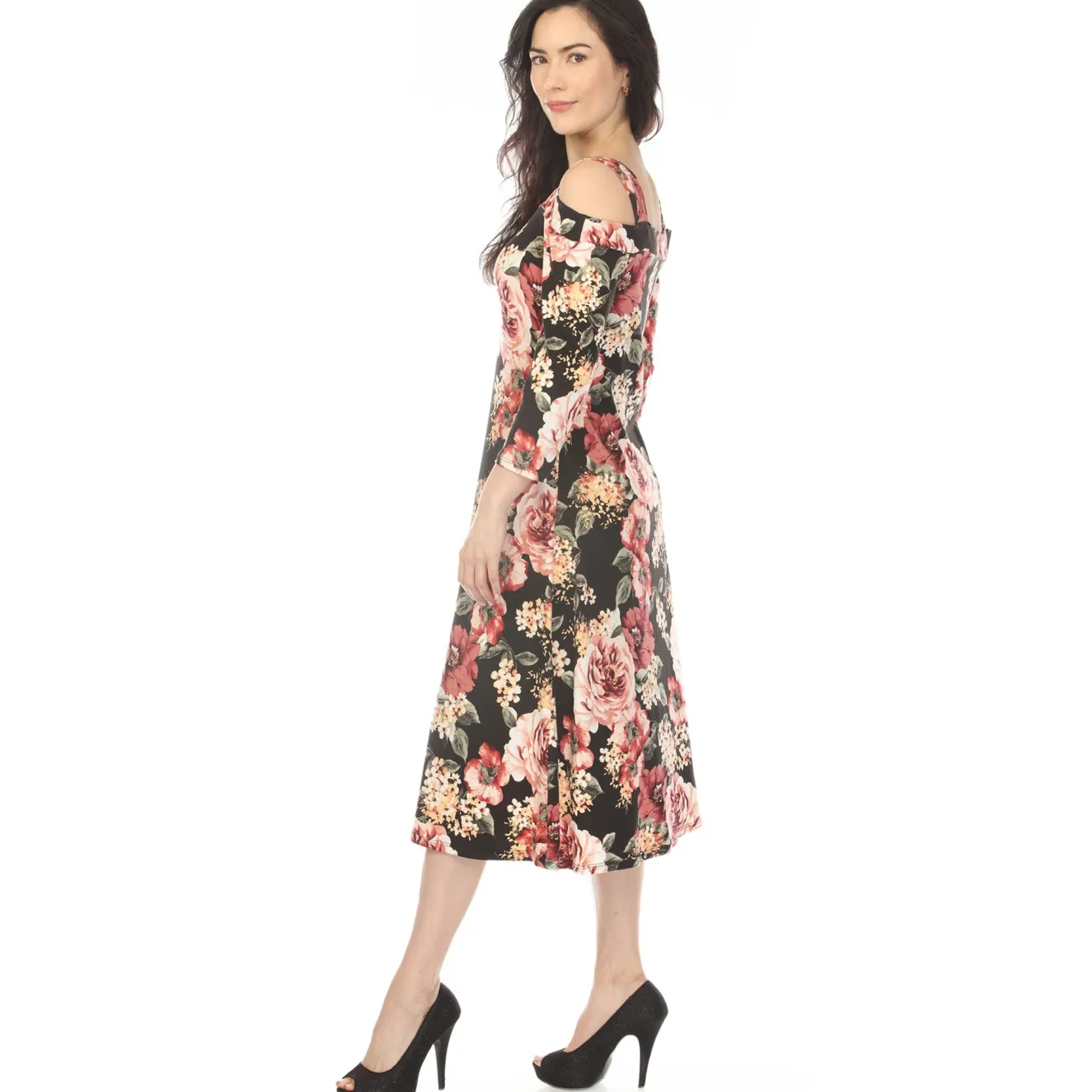 Women's Cold Shoulder 3/4 Sleeve Dress - Black