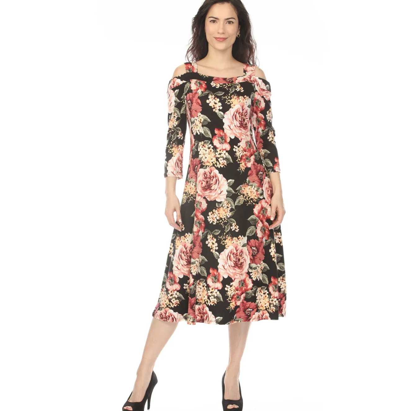 Women's Cold Shoulder 3/4 Sleeve Dress - Black