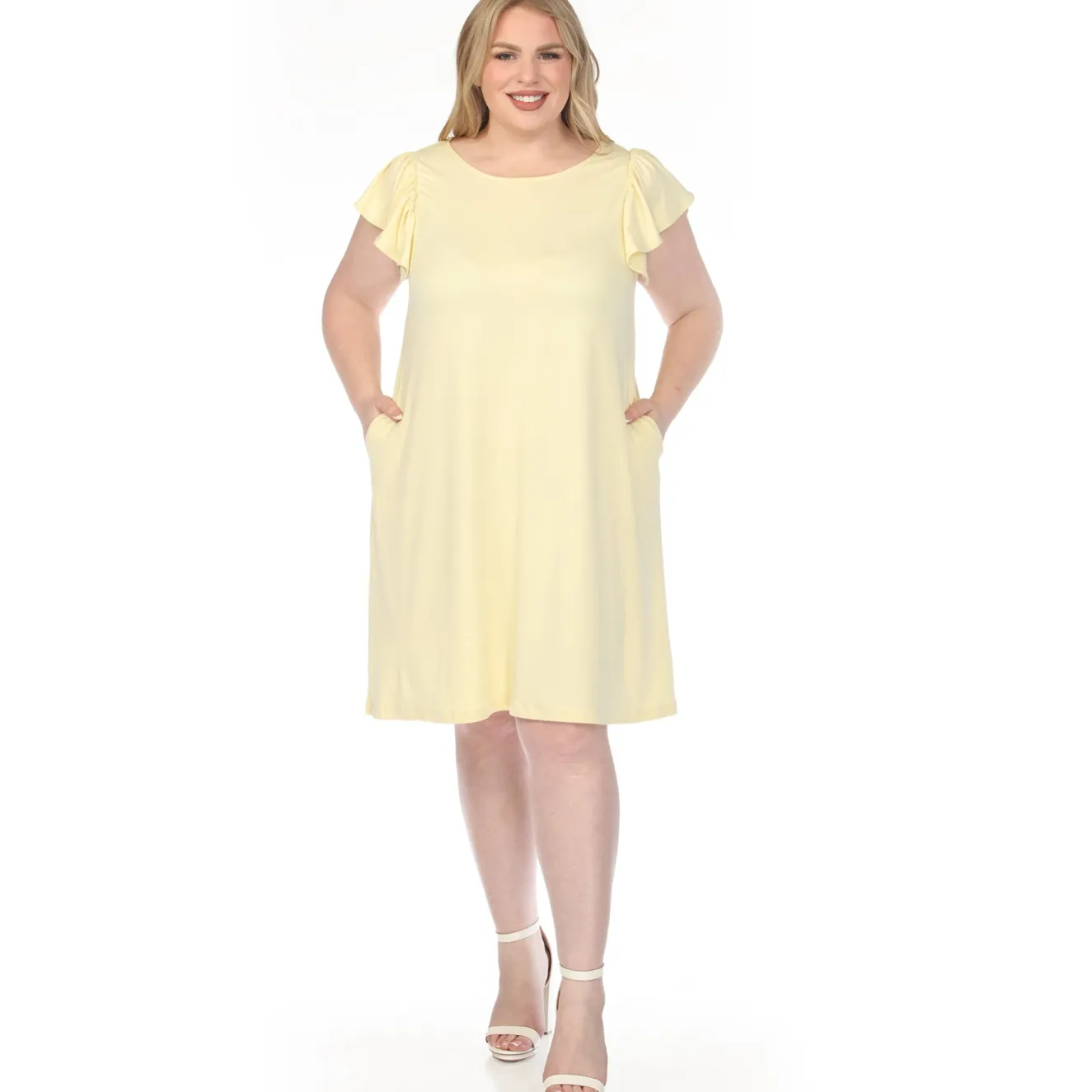 Women'sCrew Neck Ruffle Sleeve Dress - Yellow - Plus