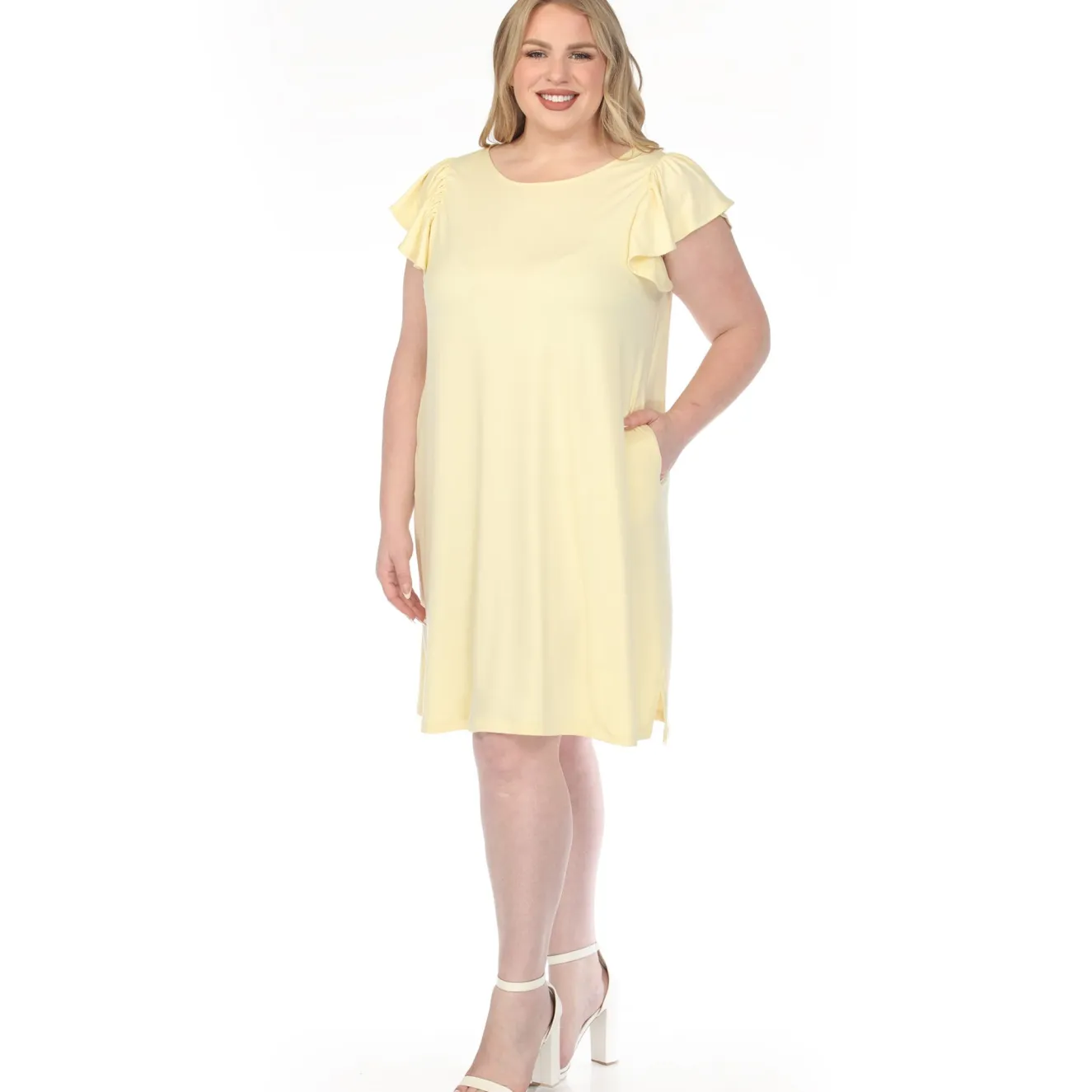 Women'sCrew Neck Ruffle Sleeve Dress - Yellow - Plus