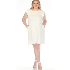 Women'sCrew Neck Ruffle Sleeve Dress - Off White - Plus