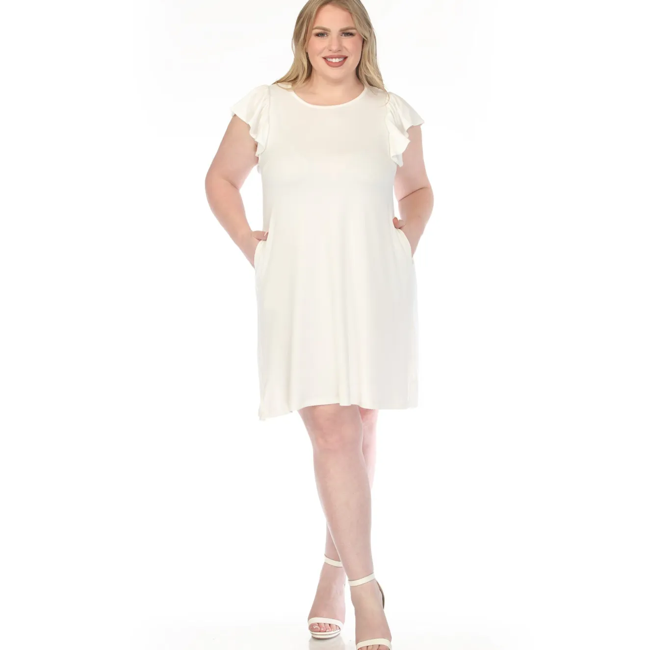 Women'sCrew Neck Ruffle Sleeve Dress - Off White - Plus