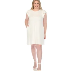 Women'sCrew Neck Ruffle Sleeve Dress - Off White - Plus