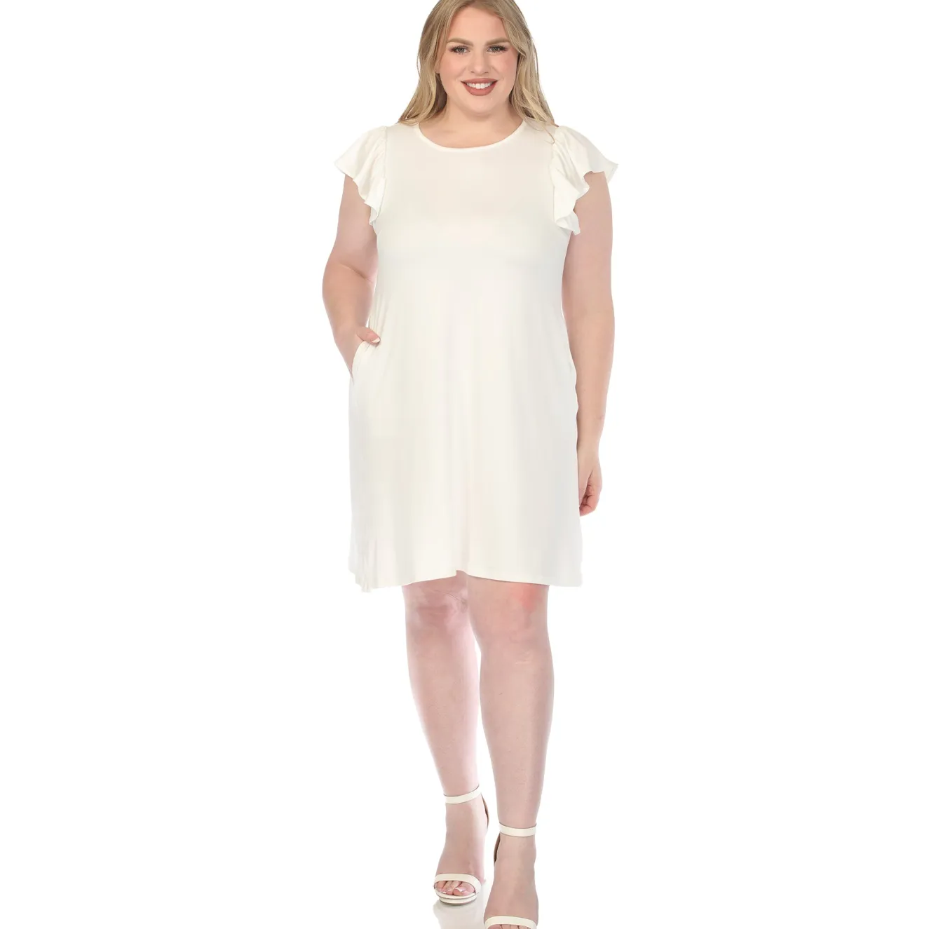 Women'sCrew Neck Ruffle Sleeve Dress - Off White - Plus