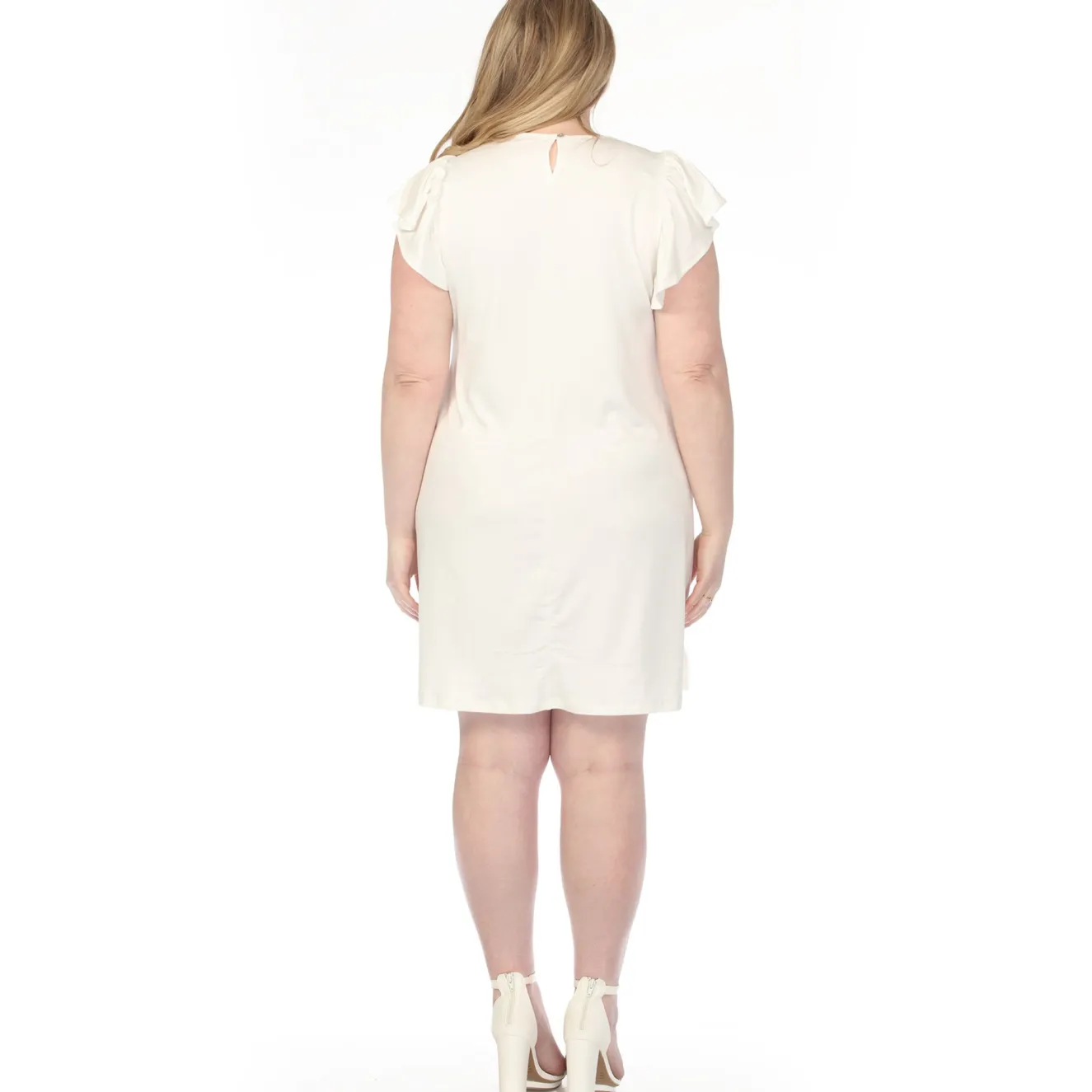 Women'sCrew Neck Ruffle Sleeve Dress - Off White - Plus