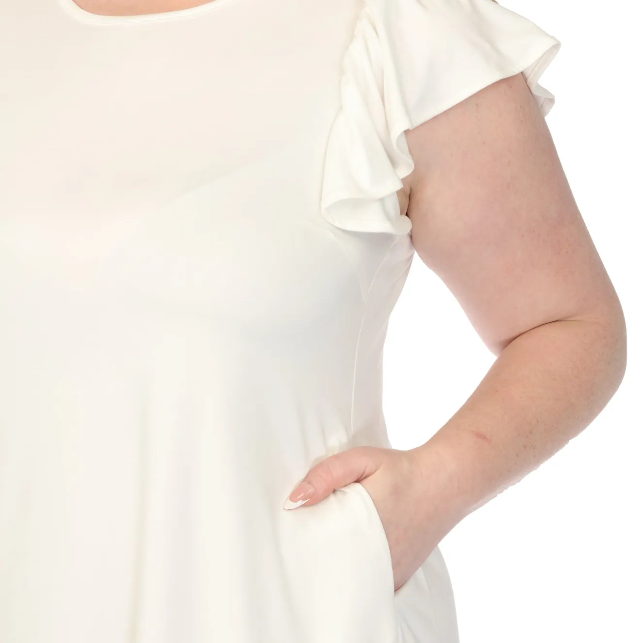 Women'sCrew Neck Ruffle Sleeve Dress - Off White - Plus