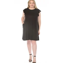 Women'sCrew Neck Ruffle Sleeve Dress - Black - Plus