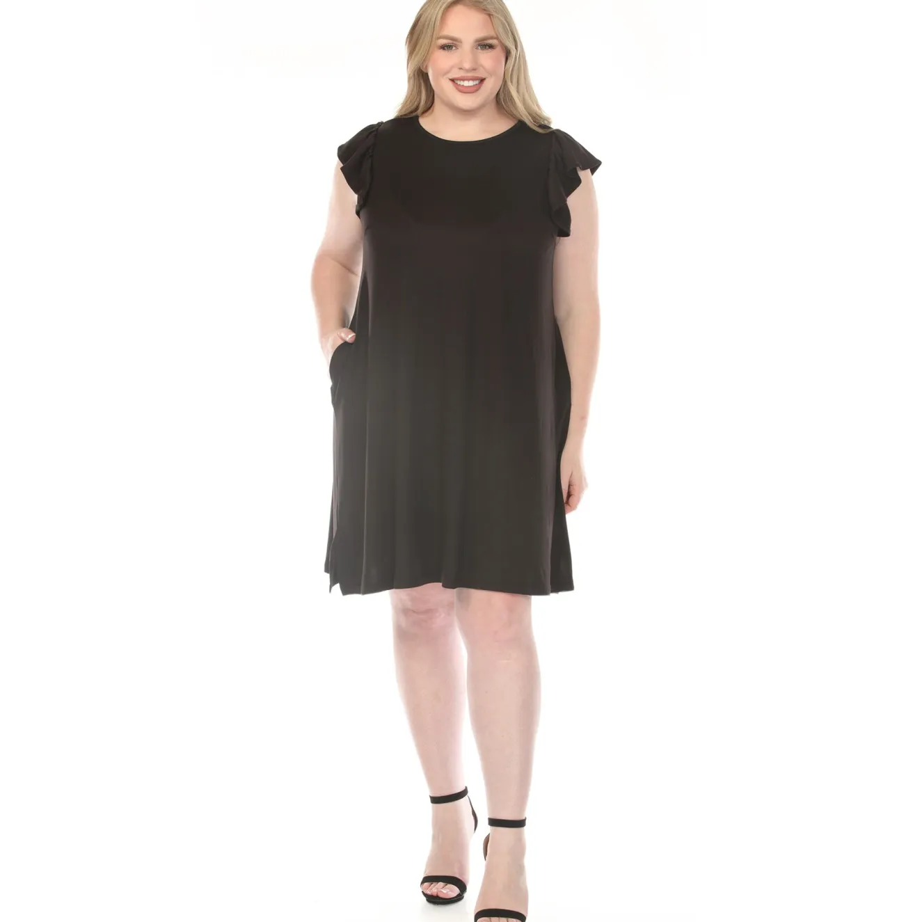 Women'sCrew Neck Ruffle Sleeve Dress - Black - Plus