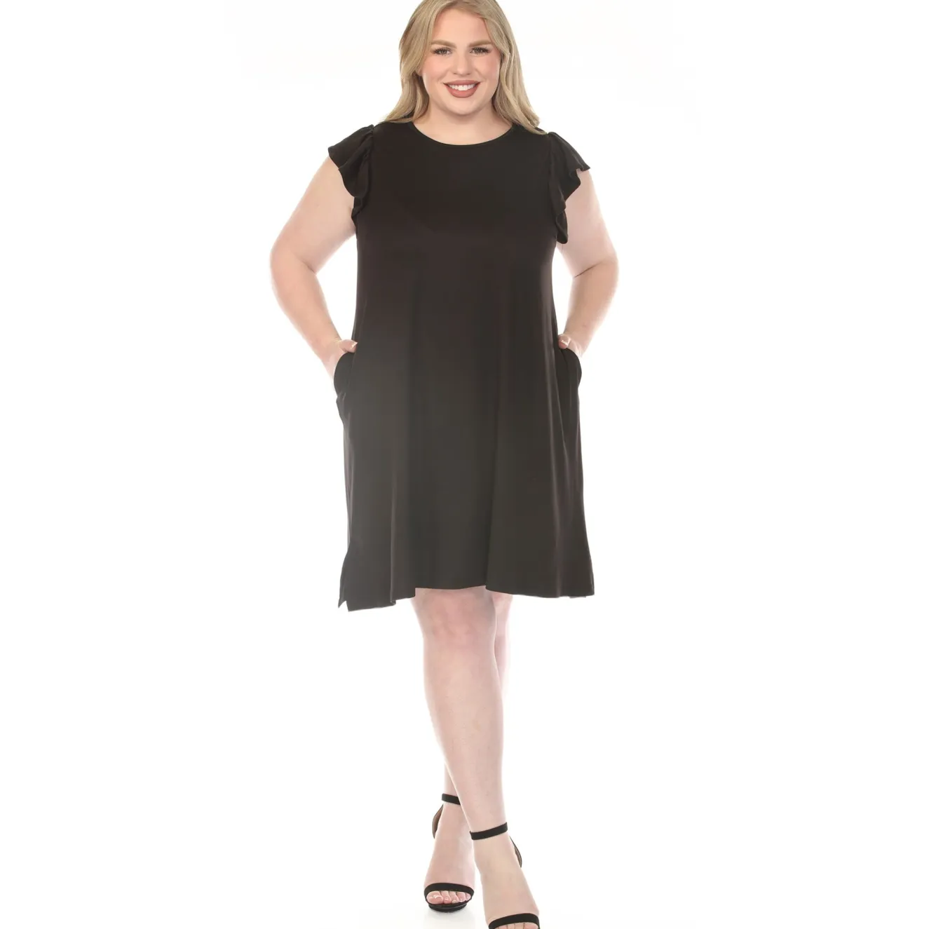 Women'sCrew Neck Ruffle Sleeve Dress - Black - Plus