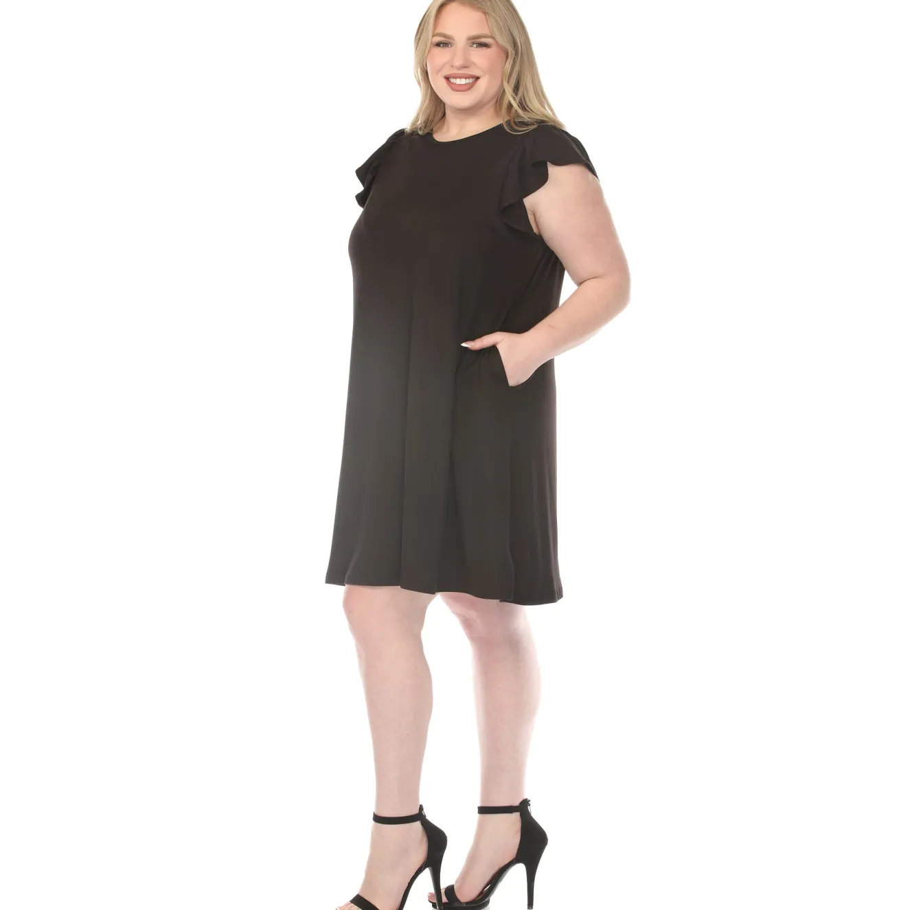 Women'sCrew Neck Ruffle Sleeve Dress - Black - Plus