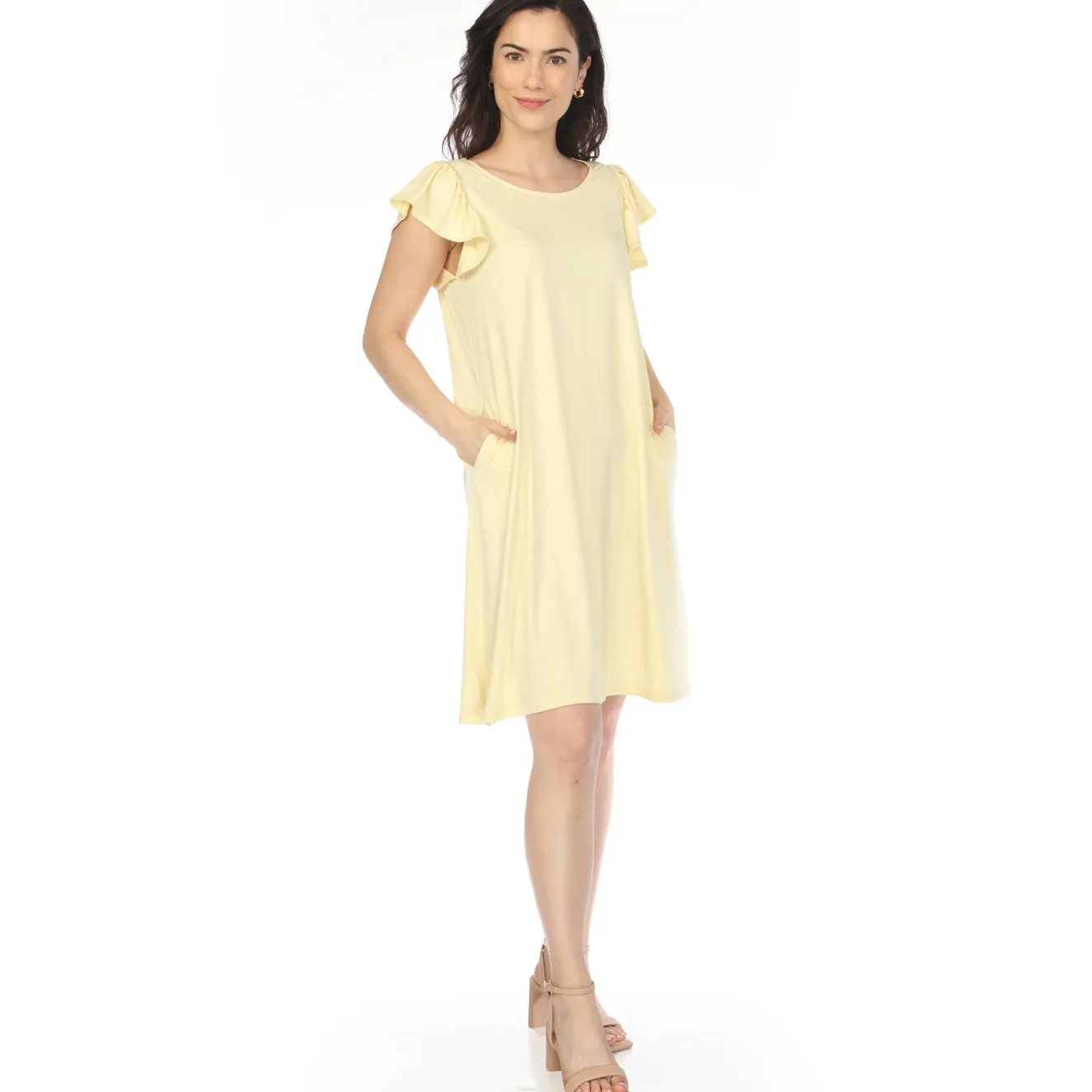 Women's Crew Neck Ruffle Sleeve Dress - Yellow