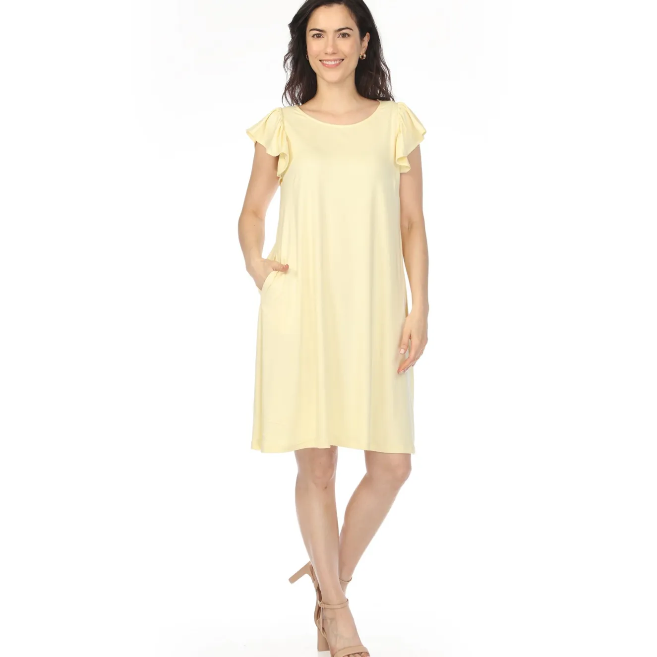 Women's Crew Neck Ruffle Sleeve Dress - Yellow
