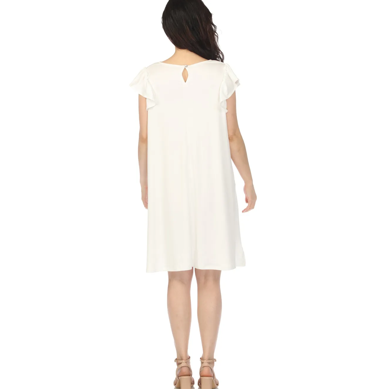Women's Crew Neck Ruffle Sleeve Dress - Off White
