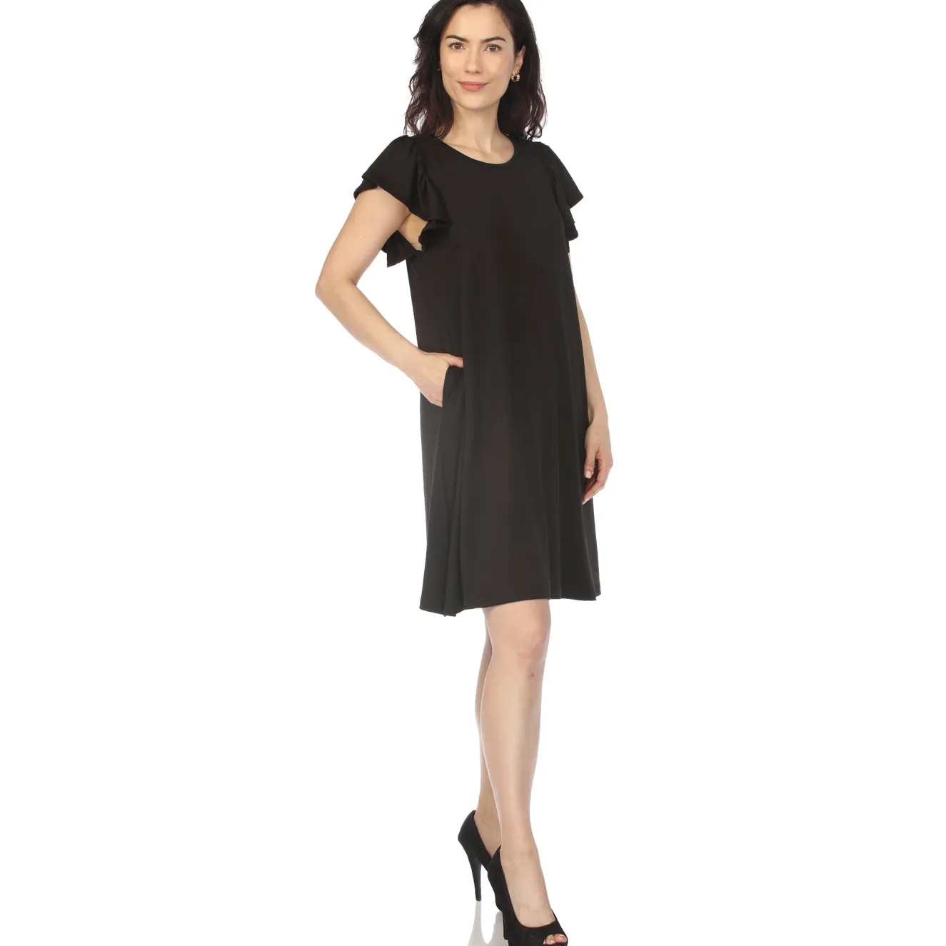 Women's Crew Neck Ruffle Sleeve Dress - Black