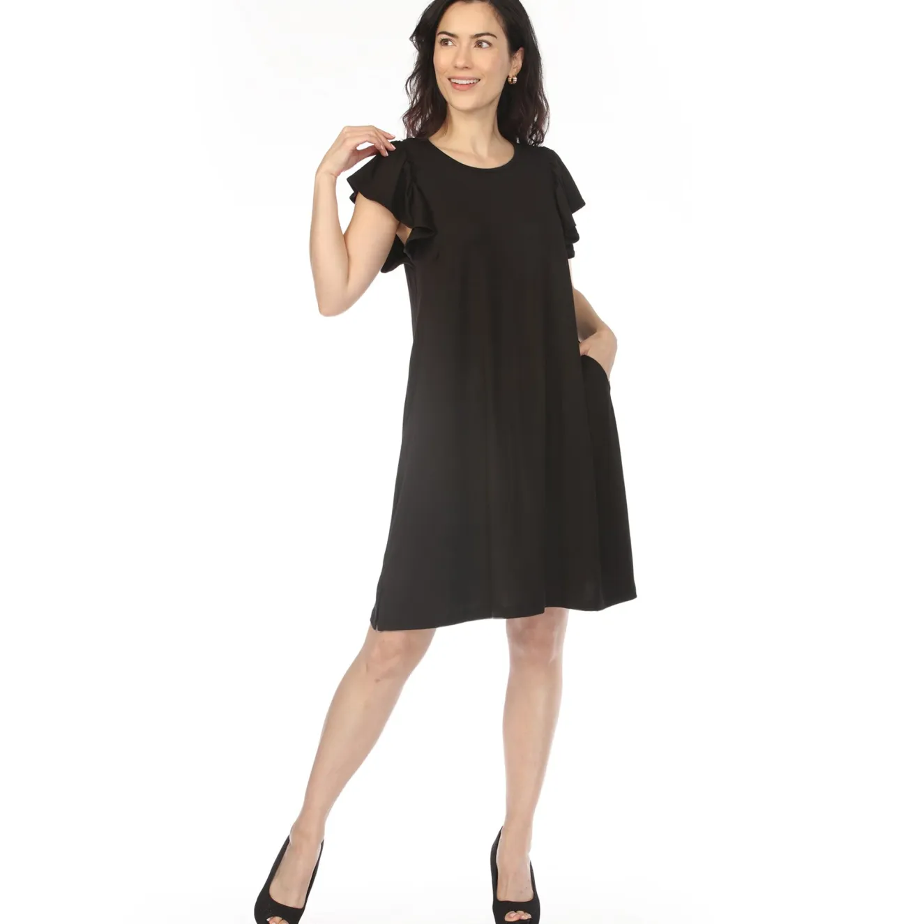 Women's Crew Neck Ruffle Sleeve Dress - Black