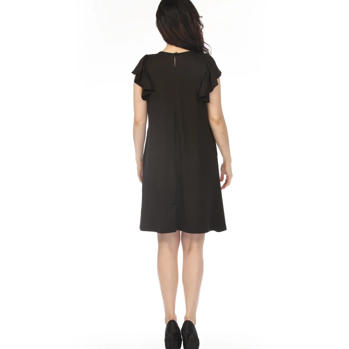 Women's Crew Neck Ruffle Sleeve Dress - Black