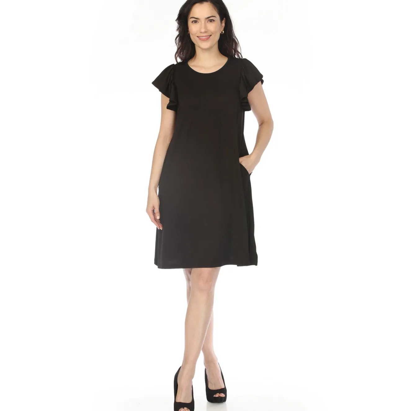 Women's Crew Neck Ruffle Sleeve Dress - Black