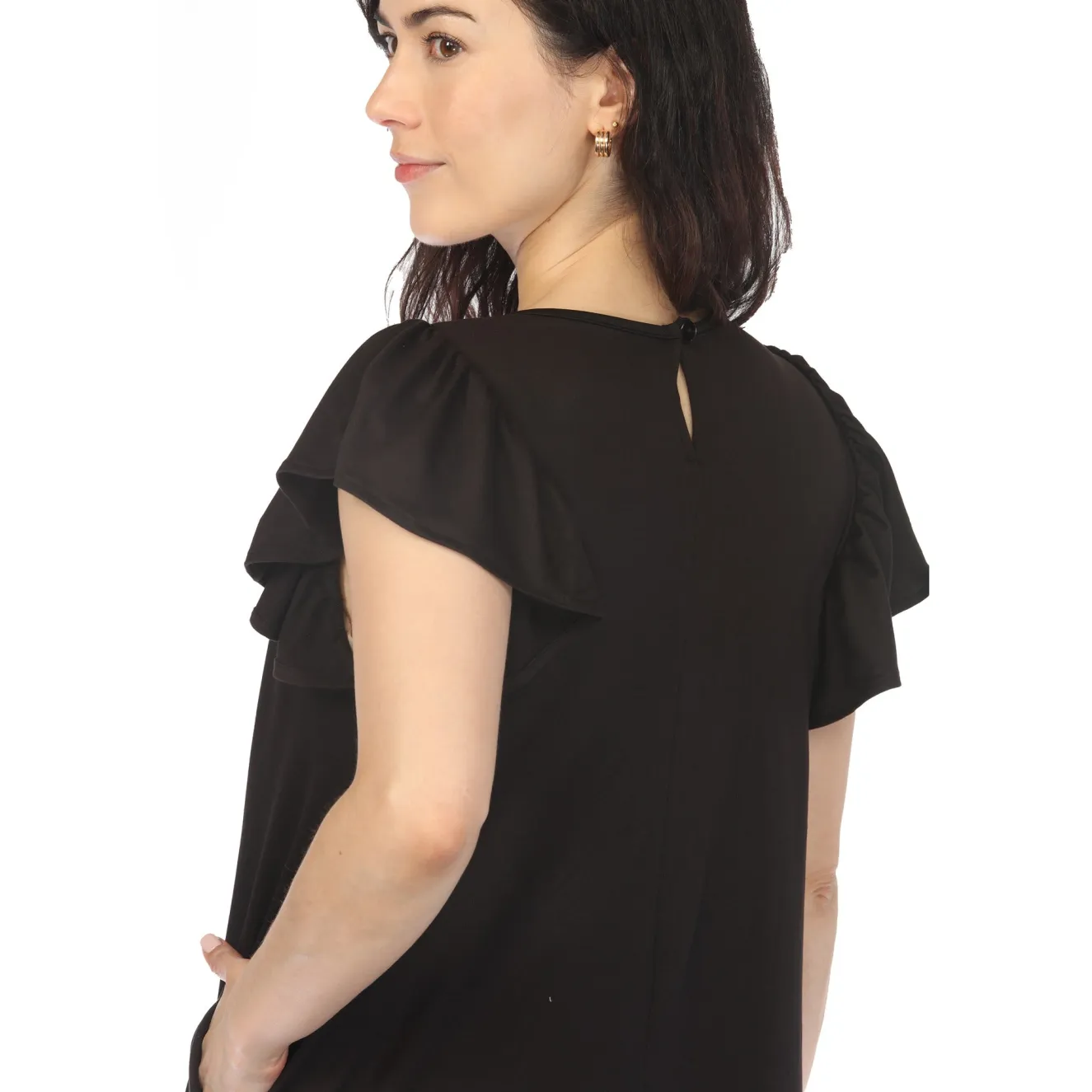 Women's Crew Neck Ruffle Sleeve Dress - Black