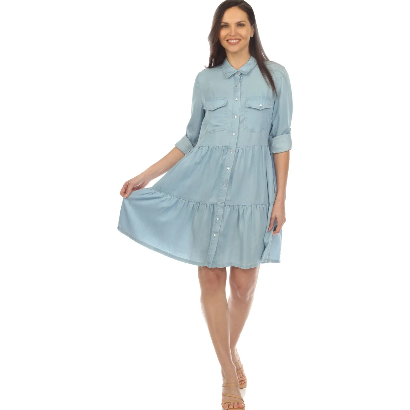 Women's Long Sleeve Tiered Midi Shirt Dress