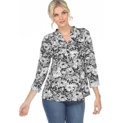 Women's Pleated Long Sleeve Leaf Print Blouse