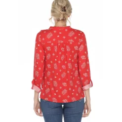 Women's Pleated Long Sleeve Leaf Print Blouse