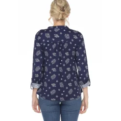 Women's Pleated Long Sleeve Leaf Print Blouse