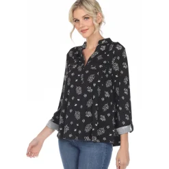 Women's Pleated Long Sleeve Leaf Print Blouse