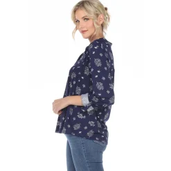 Women's Pleated Long Sleeve Leaf Print Blouse