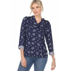 Women's Pleated Long Sleeve Leaf Print Blouse