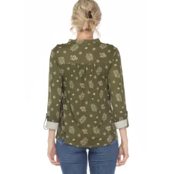 Women's Pleated Long Sleeve Leaf Print Blouse