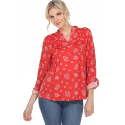 Women's Pleated Long Sleeve Leaf Print Blouse