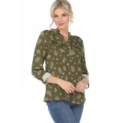 Women's Pleated Long Sleeve Leaf Print Blouse