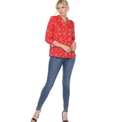 Women's Pleated Long Sleeve Leaf Print Blouse