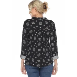 Women's Pleated Long Sleeve Leaf Print Blouse