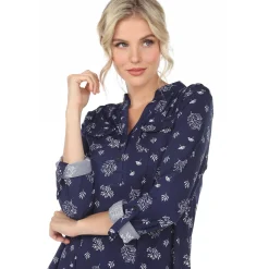 Women's Pleated Long Sleeve Leaf Print Blouse