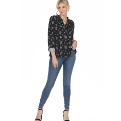 Women's Pleated Long Sleeve Leaf Print Blouse