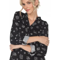 Women's Pleated Long Sleeve Leaf Print Blouse