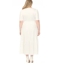 Women'sSquare Neck Short Sleeve Tiered Dress - Off White - Plus