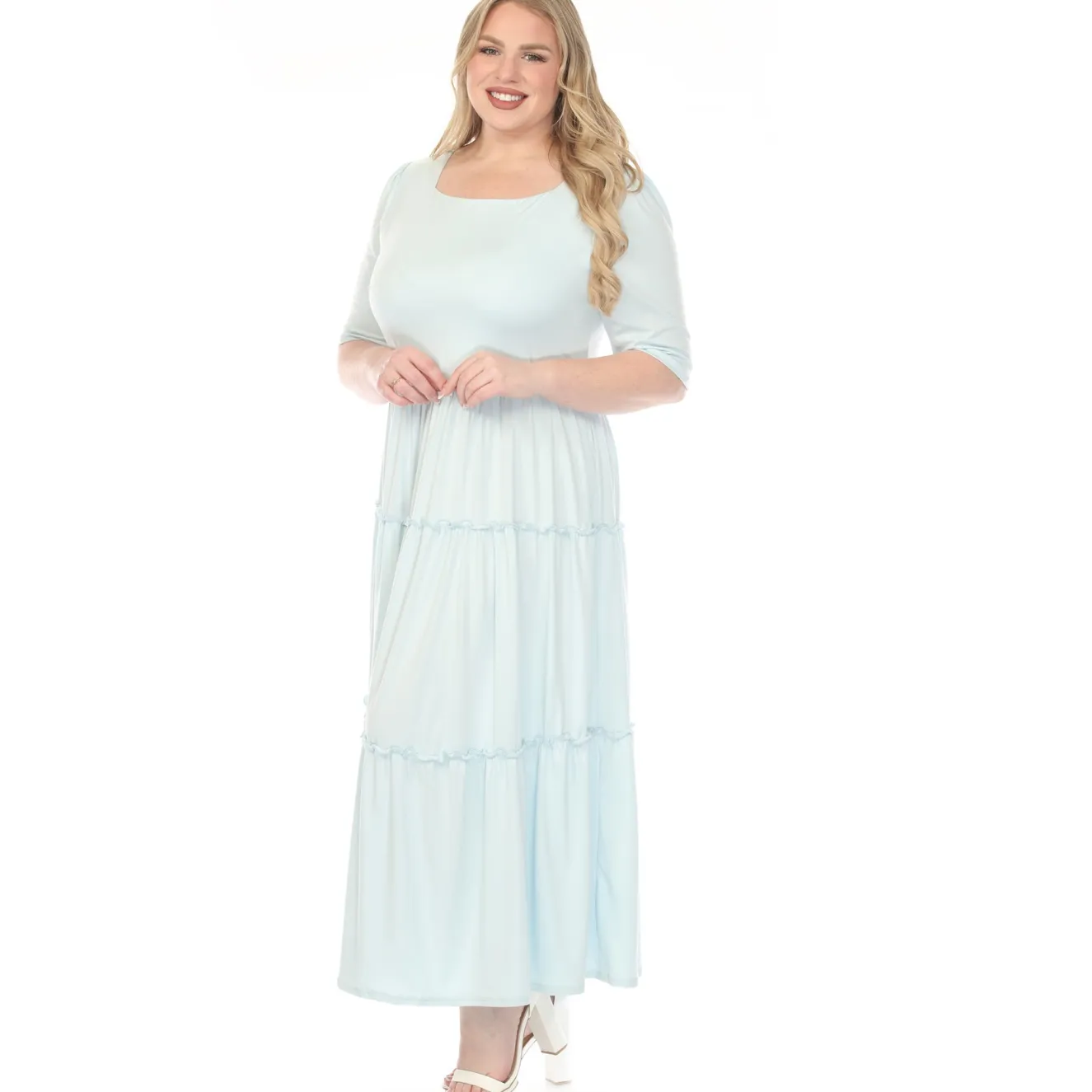 Women'sSquare Neck Short Sleeve Tiered Dress - Dusty Blue - Plus