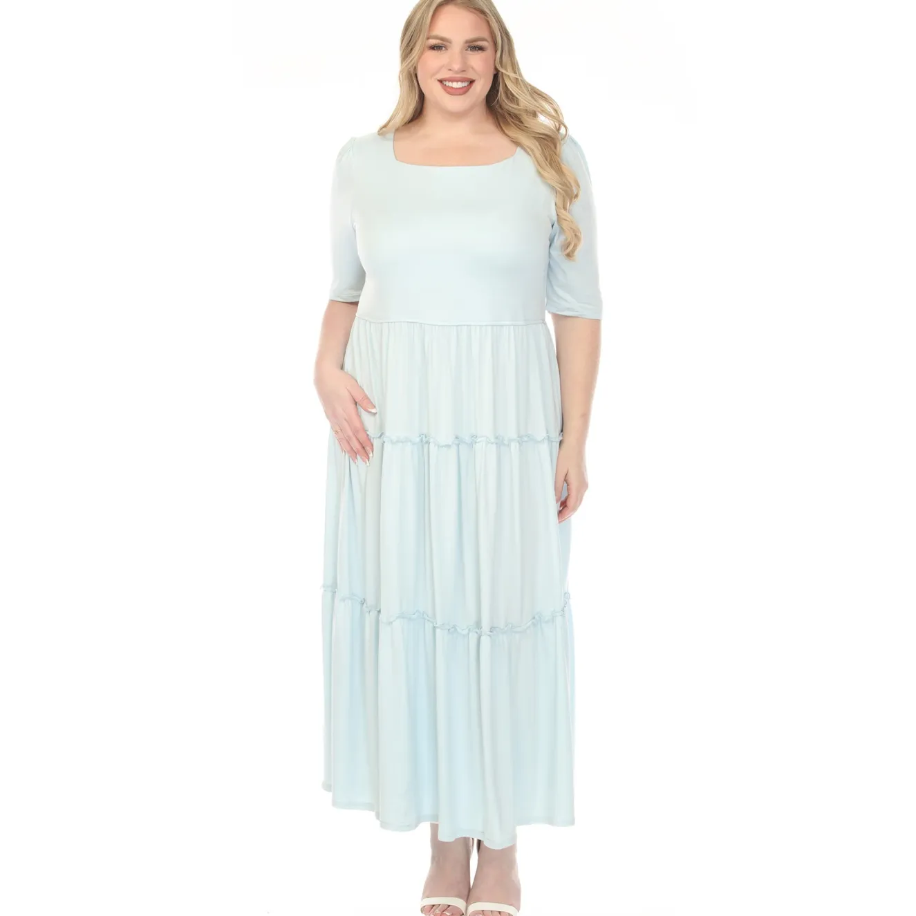 Women'sSquare Neck Short Sleeve Tiered Dress - Dusty Blue - Plus