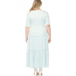 Women'sSquare Neck Short Sleeve Tiered Dress - Dusty Blue - Plus