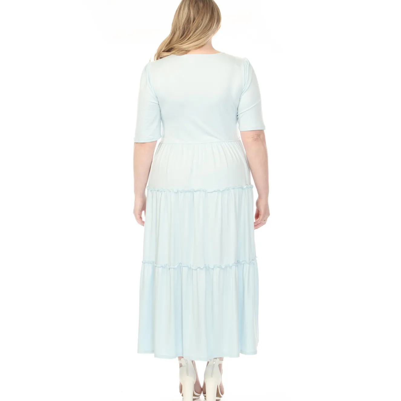 Women'sSquare Neck Short Sleeve Tiered Dress - Dusty Blue - Plus