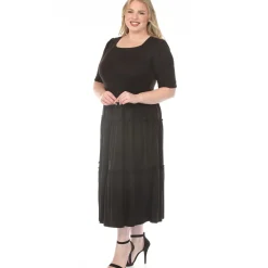 Women'sSquare Neck Short Sleeve Tiered Dress - Black - Plus