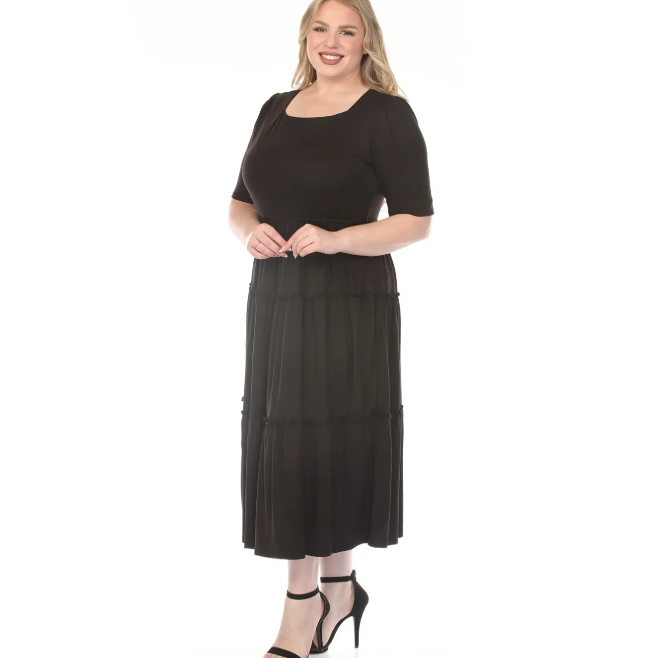 Women'sSquare Neck Short Sleeve Tiered Dress - Black - Plus